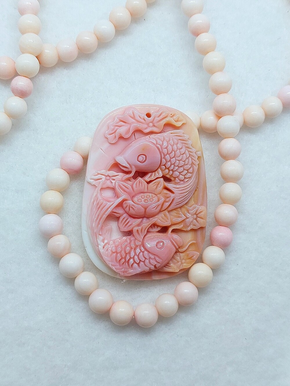 🐚 HQ Queen Conch "Natural" Handcarved Koi Duality Lotus Shell Pendant